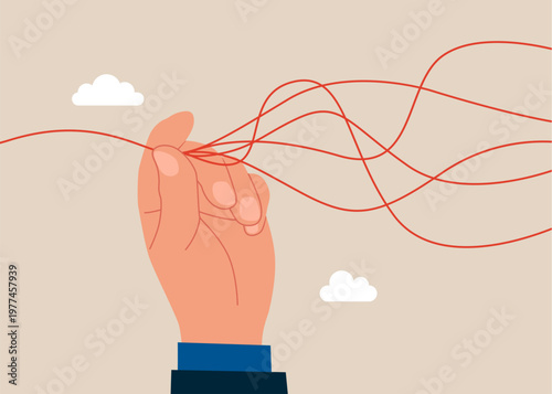 Hand straightens the untied thread line. Simplification, problem solving. Flat vector illustration