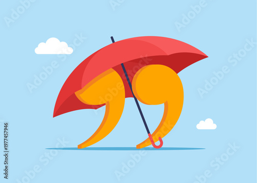 Quotation marks under umbrella. Symbol of quote, message, announcement. Incident management, root cause analysis or solving problem, identify risk. Newspapers, magazines. Flat vector illustration
