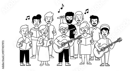 Diverse group of people joyfully singing together, some holding sheet music, others playing guitars and microphones, with musical notes floating, representing community harmony