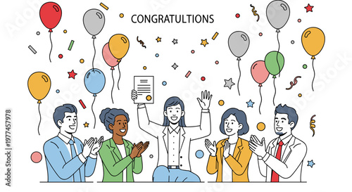 Diverse group of professionals celebrating achievement with colorful balloons, confetti, and a diploma, conveying success, teamwork, and recognition in a bright, modern vector