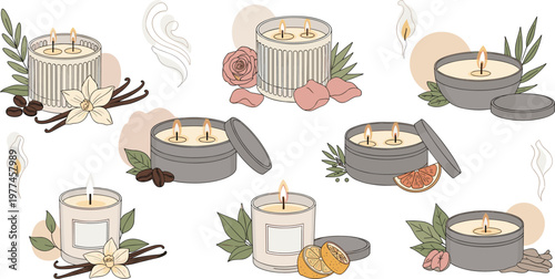 Aromatic scented candle collection with herbal elements flowers citrus and coffee beans cozy home aromatherapy vector illustration set