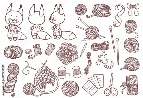 Items for needlework knitting needles, thread, crochet hook, needle and a fox toy in three turns