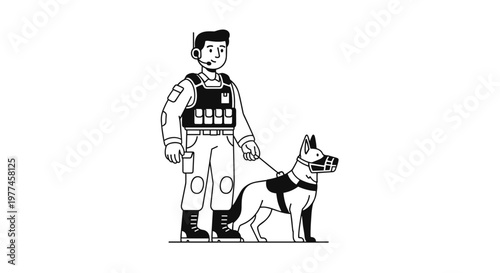 Alert security officer with headset and tactical vest stands beside a trained german shepherd wearing a muzzle and harness, representing law enforcement and protection services.