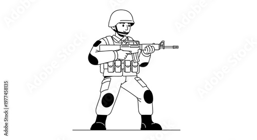 Modern soldier in tactical gear holding an assault rifle, depicted with clean, bold black linework and solid fill shapes, conveying readiness and action for commercial design