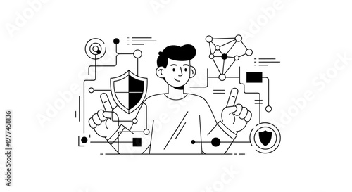 Person interacting with interconnected digital security shields and network nodes, representing data protection and cybersecurity concepts with clean lines and minimalist