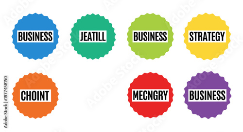 Bold, flat vector graphic featuring seven distinct, brightly colored starburst shapes with white rectangular labels containing black sans-serif text for business concepts and