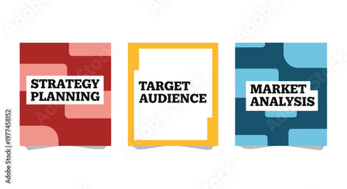 Strategic planning, target audience identification, and market analysis presented with clean geometric shapes and a bold color palette of deep red, sunny yellow, and oceanic blue,