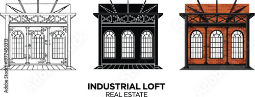 Industrial loft building vector illustration set showcasing outline silhouette and colored styles for real estate and architectural design p