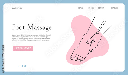 Feet massage landing page. Spa procedure. Female hand touching leg. Line drawing barefoot. Woman beauty and calm. Salon website design template. Wellness and relaxation. Vector background