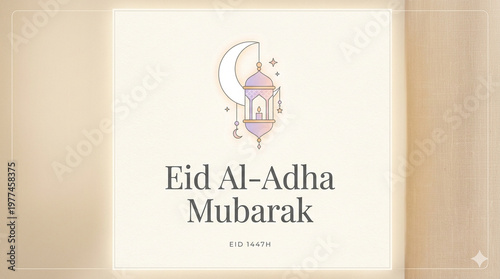 Elegant Eid al-Adha Mubarak Background with Mosque, Crescent Moon and Lanterns