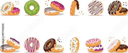 Colorful glazed donut collection with chocolate icing sprinkles and various sweet pastry styles vector illustration set