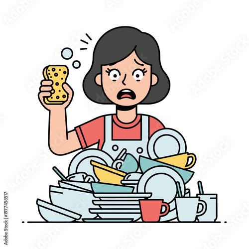 Frustrated Woman Washing Dishes, Overwhelmed by Huge Pile of Dirty Kitchenware
