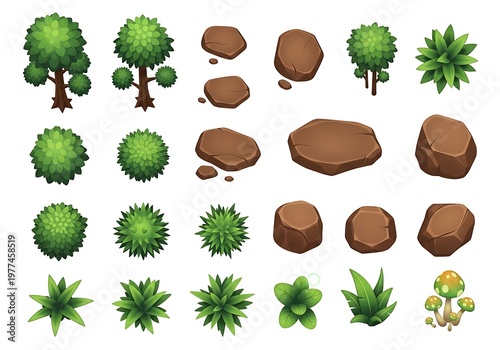 A collection of various top down game assets including trees rocks and foliage for level design