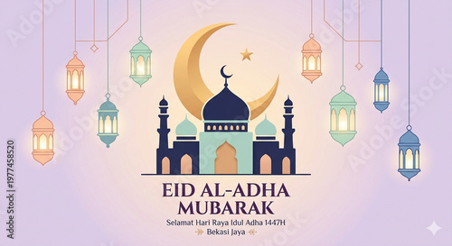 Elegant Eid al-Adha Mubarak Background with Mosque, Crescent Moon and Lanterns