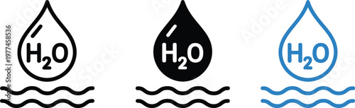 Water drop icons with h2o text and wave elements representing marine science and hydration concepts