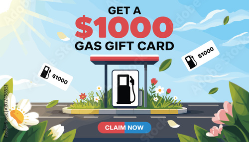 An advertisement displays a vibrant illustration promoting a 1000 gas gift card offer set against a sunny floral backdrop high quality professional detailed