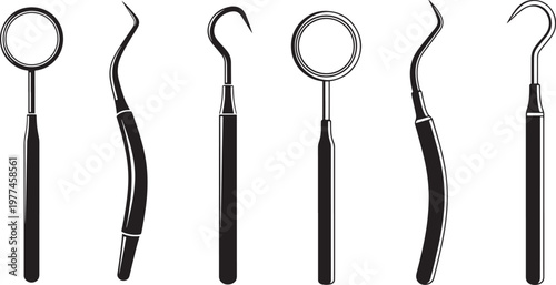 Collection of dental hygiene tools including a mirror and probes with oral care medical supplies patient care dental clinic preventive care restorative dentistry cosmetic dentistry emergency