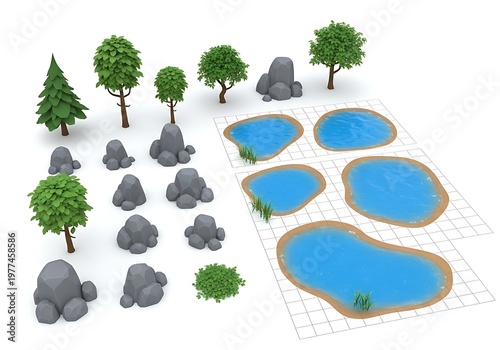 A collection of low poly nature assets including various trees rocks and small blue water ponds