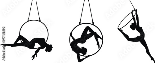 A series of silhouettes depict an aerialist gracefully performing within three suspended circular hoops showcasing strength and flexibility high quality professional detailed modern