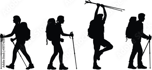 A silhouette illustration depicts four hikers with backpacks and trekking poles actively engaged in a mountainous journey high quality professional detailed modern elegant