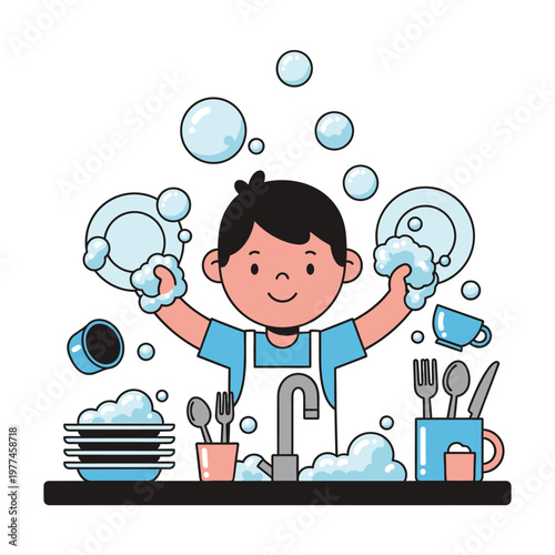 Happy boy washing dishes with soap bubbles, domestic chore, clean kitchenware