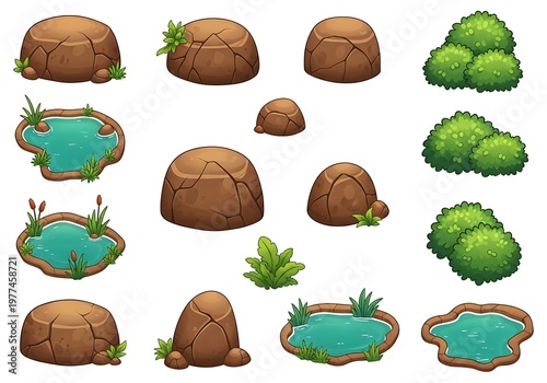 A collection of cartoon game assets featuring various boulders, green bushes, and small ponds.