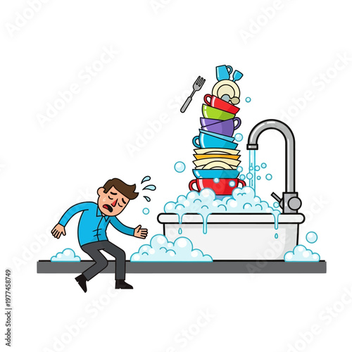 Man overwhelmed by huge pile of dirty dishes in soapy sink, cartoon illustration