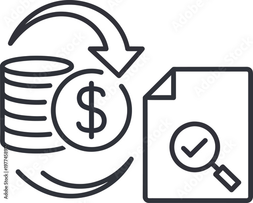 Financial audit icon stack of money document and magnifying glass isolated on transparent background