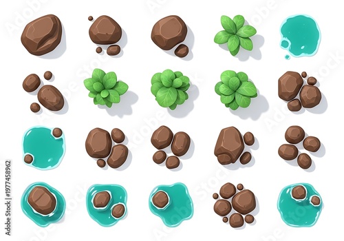 A collection of top down game assets featuring various configurations of stones and green foliage