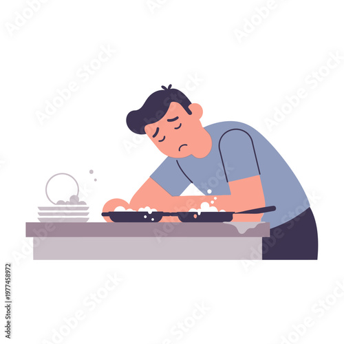 Man Washing Dishes Unhappy