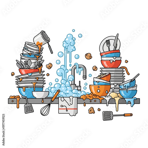 Overflowing Kitchen Sink with Piles of Dirty Dishes and Bubbles