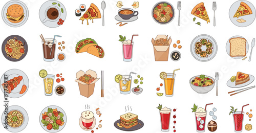 Fast food and restaurant meal collection with burgers pizza tacos drinks desserts and various dishes vector illustration set