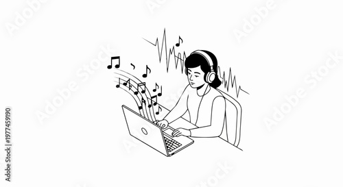 Woman Using Laptop with Headphones for Music Production and Sound Editing, Minimalist Black and White Line Art Vector Illustration