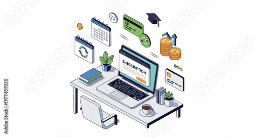 Isometric Illustration of Online Subscription Management and Recurring Billing Concept on Laptop Screen with Financial Icons and Calendars