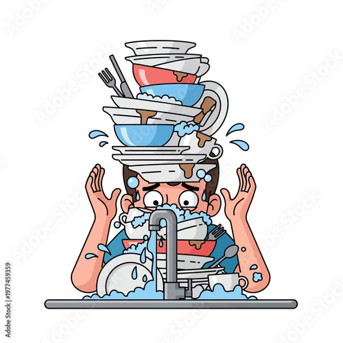 Overwhelmed Man Drowning in Huge Pile of Dirty Dishes at Kitchen Sink