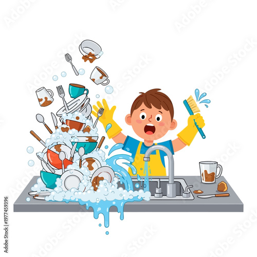 Overwhelmed Boy Washing Dishes in Soapy Sink with Falling Plates and Utensils