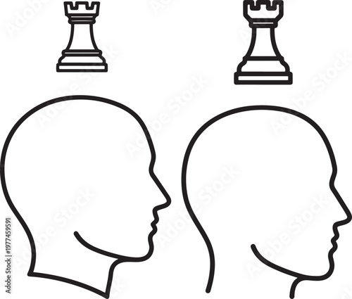 Two heads with chess rooks above representing strategic thinking board game strategy thinking silhouette intellect decision planning comparison different individual psychology competition
