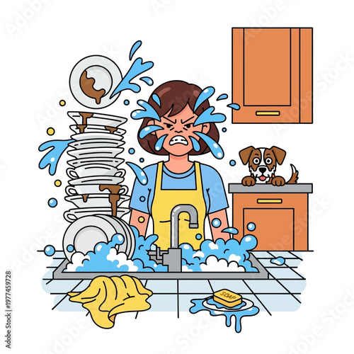 Overwhelmed Woman Crying While Doing Dishes with Dog Watching