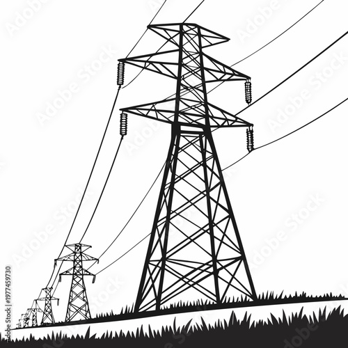 Schilderij op canvas Black silhouette of a power transmission tower with lines and another tower in t