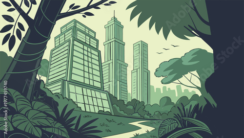 A vibrant abstract vector illustration of a modern urban skyline featuring towering skyscrapers and downtown business architecture against a sleek cityscape night sky