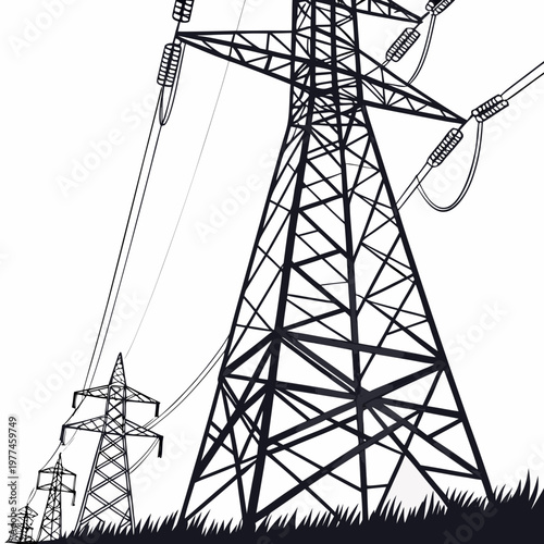 Black and white illustration of power transmission towers standing tall in a field with wires and insulators