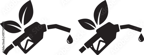Two fuel pump nozzles with leaves and a drip of liquid black and white environment transport gasoline alternative renewable sustainable pollution emissions industry illustration