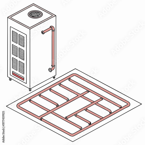 Underfloor heating system with boiler and red pipes on for home insulation