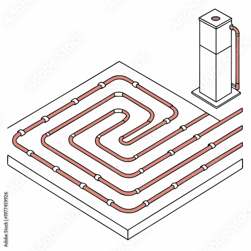 A detailed illustration of a radiant floor heating system with copper pipes and a boiler