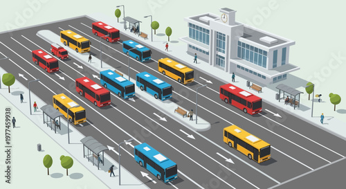 Isometric Bus Station with Multiple Buses Lined Up, Passengers Waiting at Stops