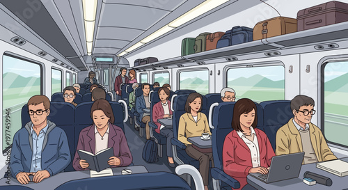 Diverse passengers traveling inside a modern train, seated and relaxed.