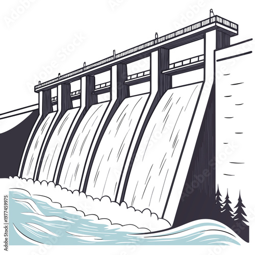 Illustration of a dam with water flowing out, , showing a hydroelectric structure