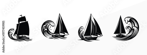 Vintage nautical illustrations a collection of four black silhouette ships on waves