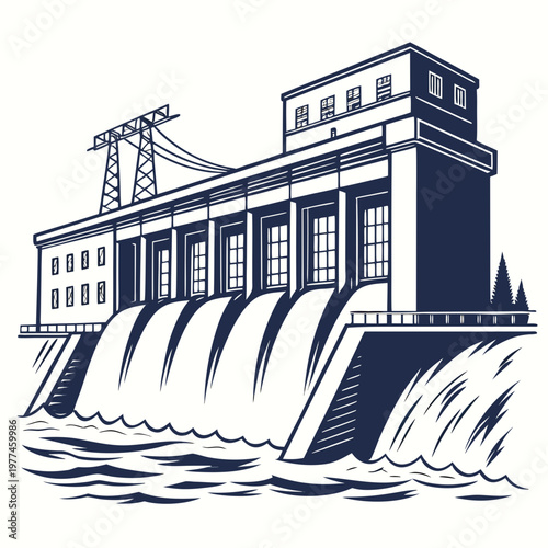 Illustration of hydroelectric dam with water flowing and power lines