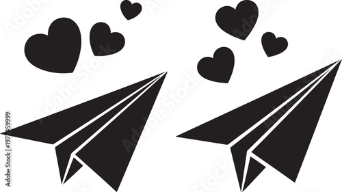 Two paper airplanes with hearts flying conveying love messages paper airplane black and white paper craft airplane transport childhood illustration collection communication romantic